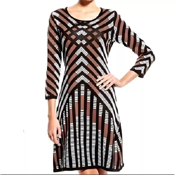 Nine West Long Sleeve Aztec Stretch Knit Sheath Woven Cotton Sweater Dress - Picture 1 of 8